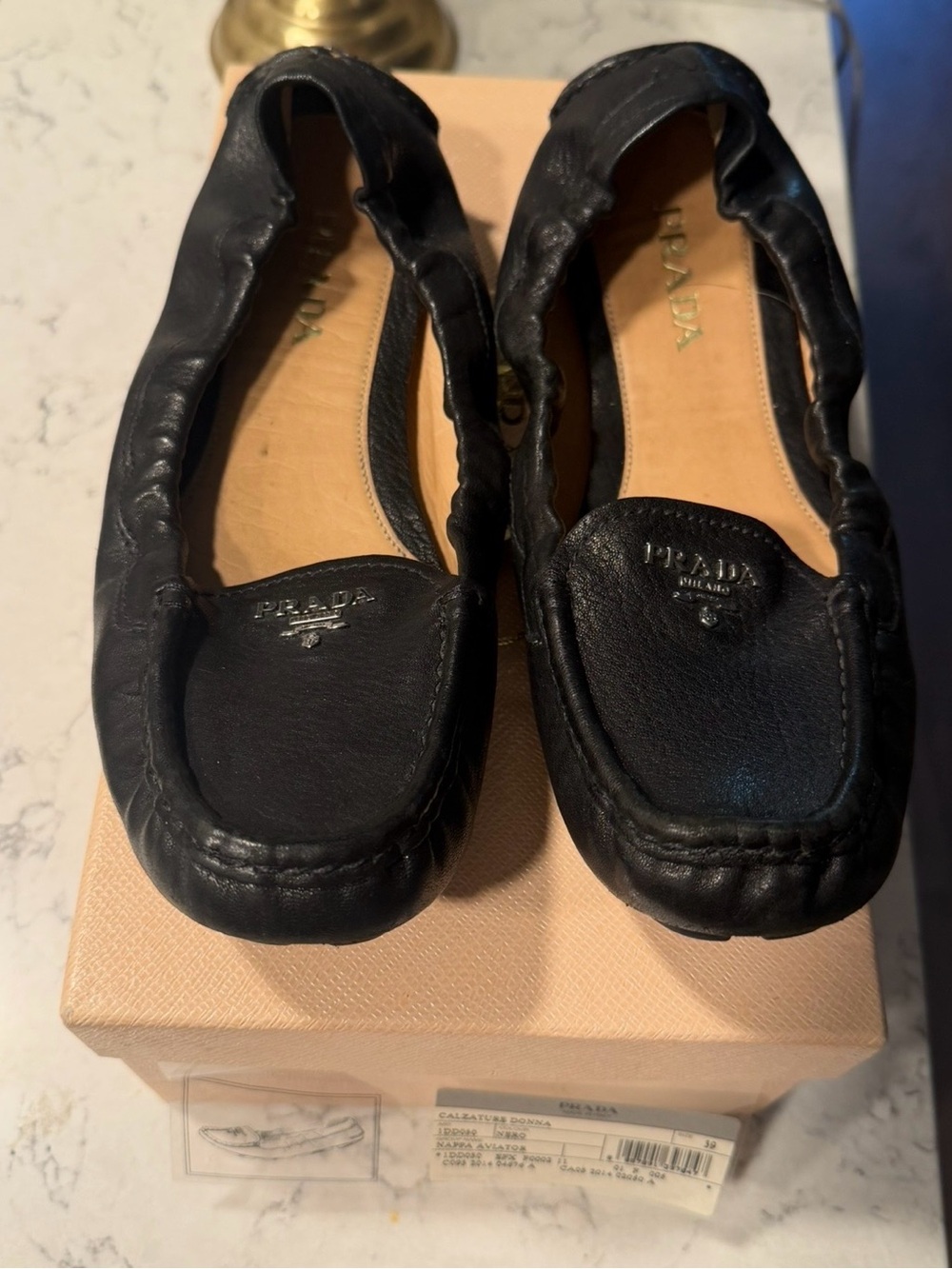 Prada Black Leather Elastic-Back Ballet Loafers